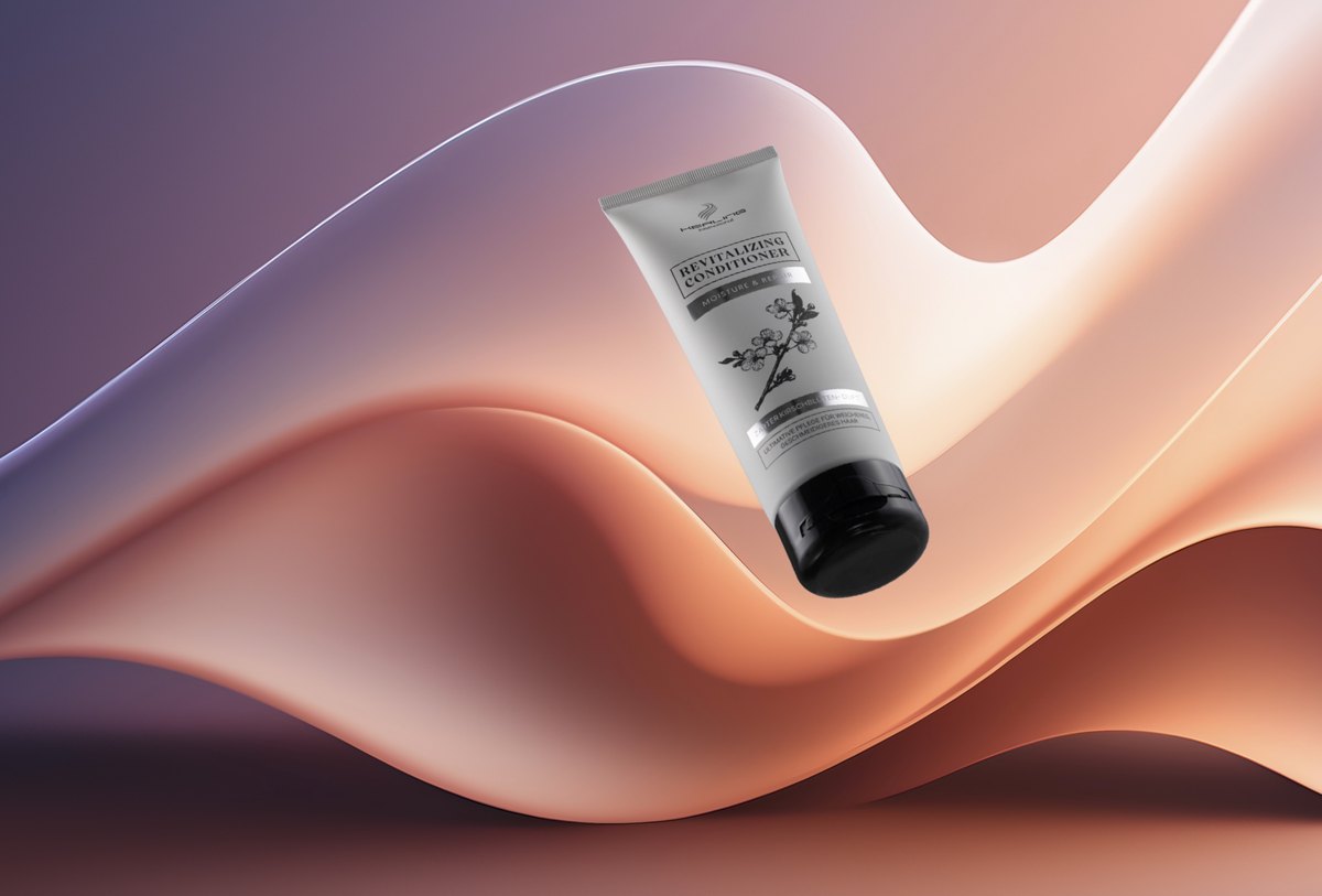 Helle Revitalizing Conditioner Tube schwebt ueber einer geschwungenen Welle in Rosa- und Fliedertoenen — Das Studiozwei, Werbefotograf München