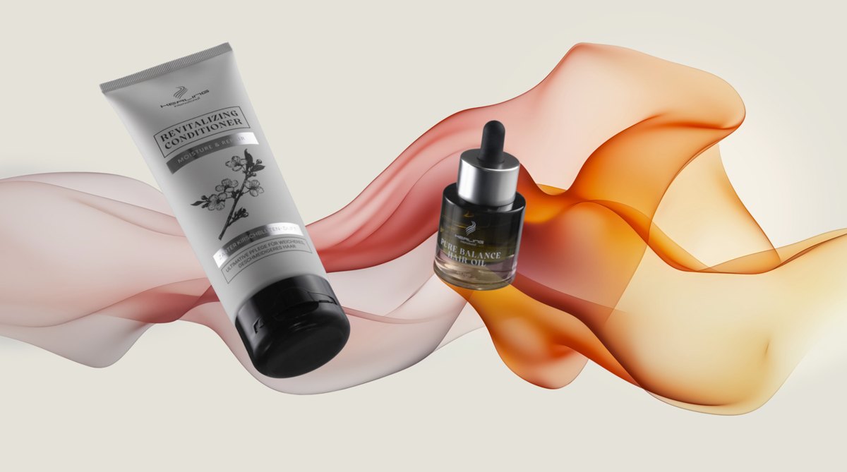 Helle Conditioner Tube und dunkle Hair Oil Flasche schweben in fliessenden rosa-orangen Schleiern — Das Studiozwei, Werbefotograf München