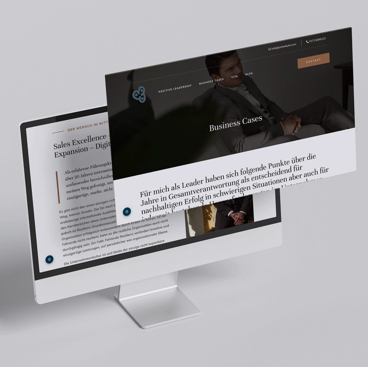 Monitor-Mockup mit einer Website, auf der Businessportraits eingesetzt sind — Das Studiozwei, Werbefotograf München