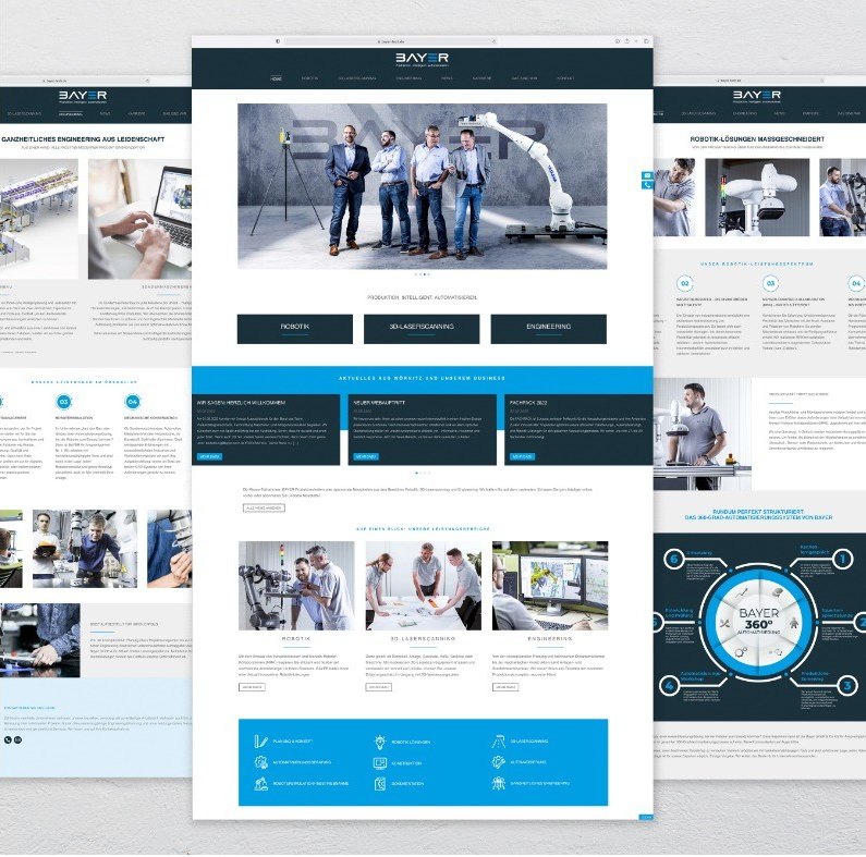 Gestapelte Bildschirmansichten einer Unternehmenswebsite im blauen Corporate Design — Das Studiozwei, Werbefotograf München
