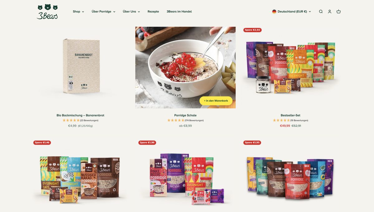 Screenshot eines 3Bears Onlineshops mit Produktkacheln und Packshots — Das Studiozwei, Werbefotograf München