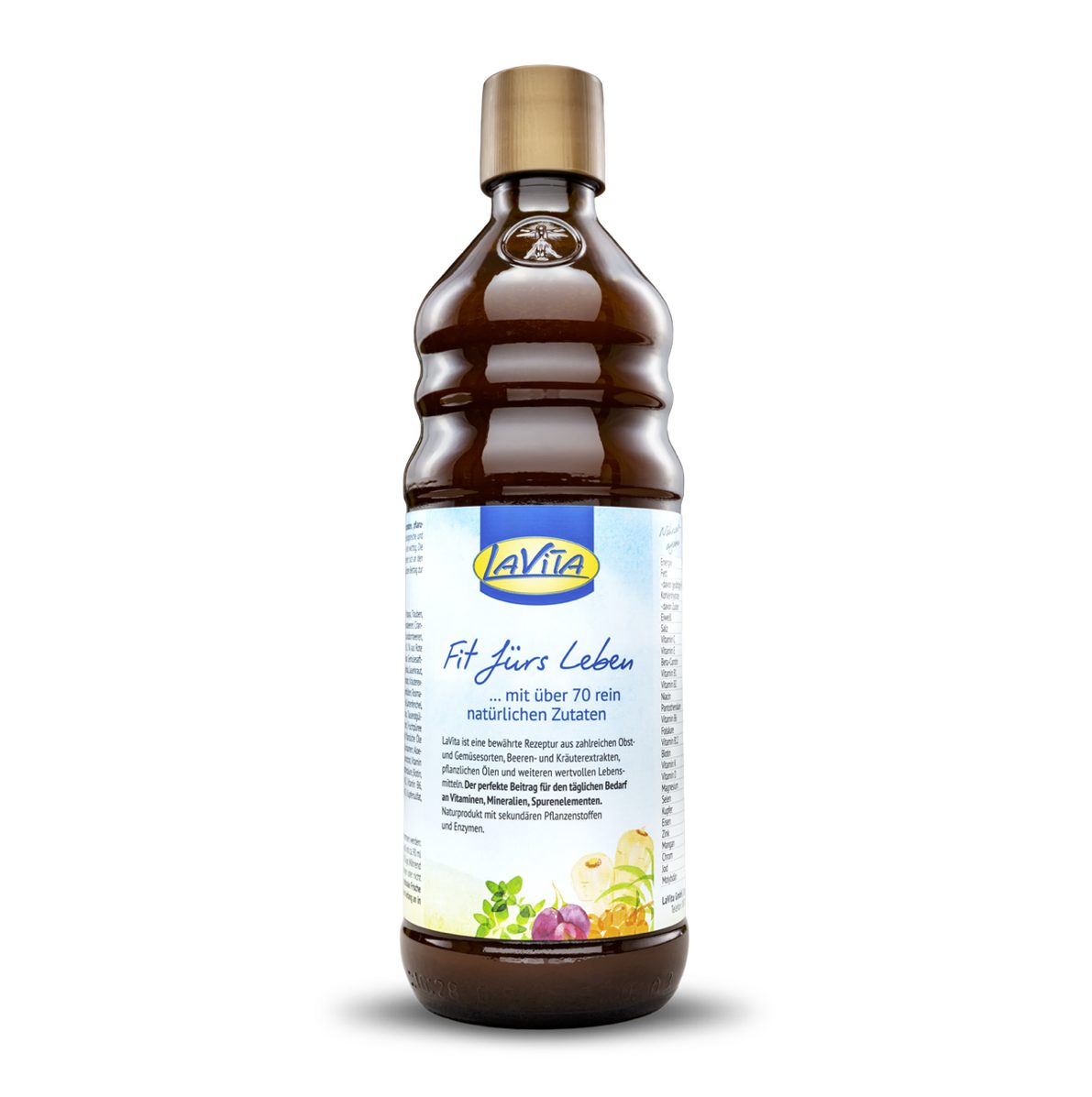 Freigestellter Packshot der LaVita Flasche mit goldenem Deckel auf weissem Hintergrund — Das Studiozwei, Werbefotograf München